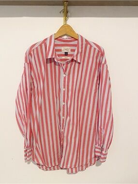 Light Blue and Coral Striped Oversized Button-Up Shirt